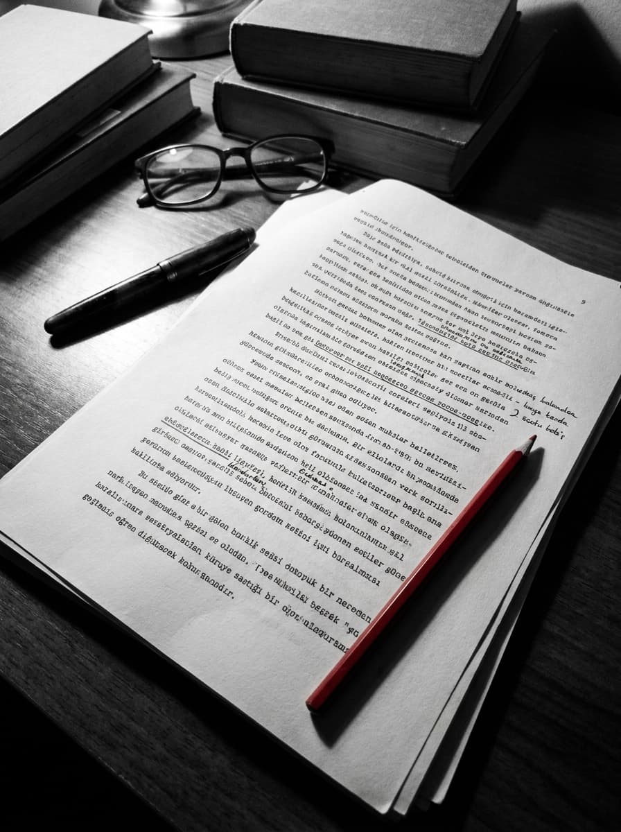 Manuskript und Arbeitstisch